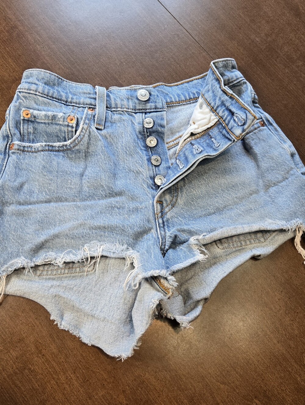 Levis 501 Jean Shorts Womens 25 Blue Button Fly Distressed Cut Off Shorty Shorts
